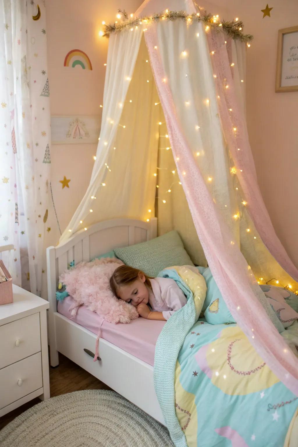 An enchanting canopy bed with miniature lights creates a perfectly magical retreat for your toddler.