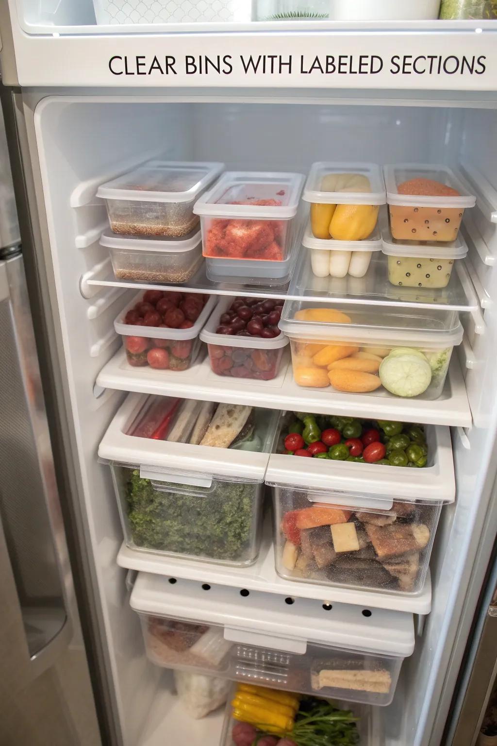 See-through containers with labels, neatly sorting various food items within a top freezer.