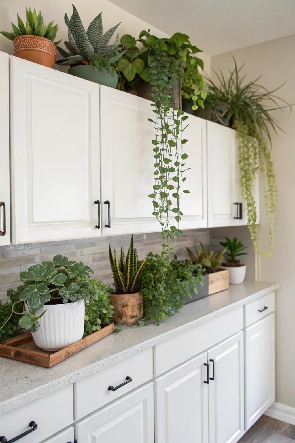 Invigorate your kitchen with abundant greenery displayed above the cabinets.