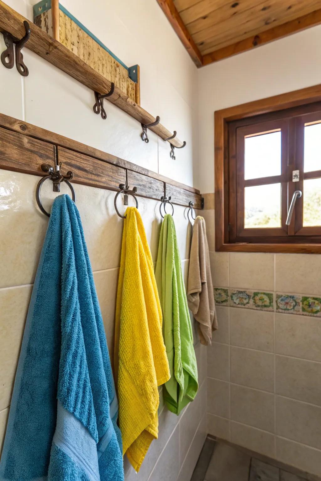 Attached-to-the-wall hooks offer a fashionable and useful way to store towels.