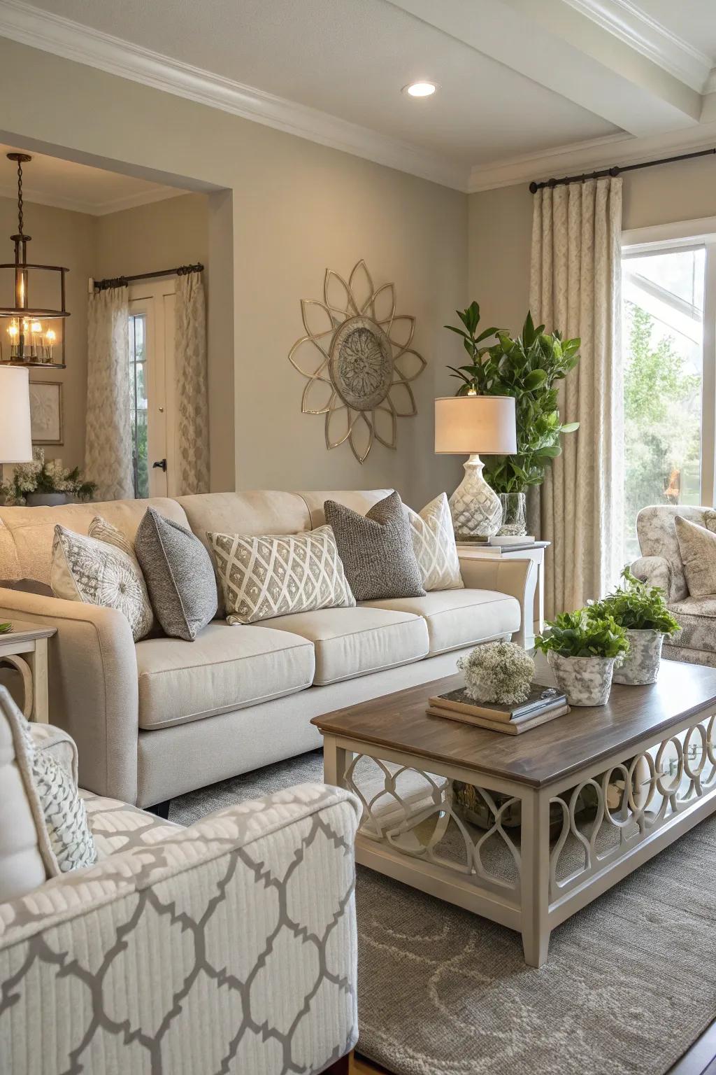 Neutral shades create a calming and adaptable atmosphere in the living room.