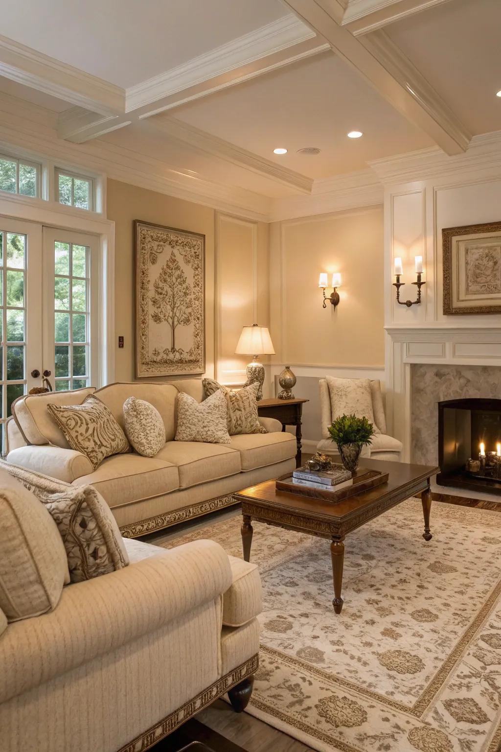 A serene classic living room featuring a subtle color scheme.