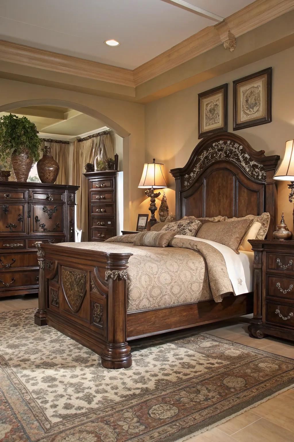 Deep-toned wood furnishings bring sophistication and warmth to your bedroom setting.