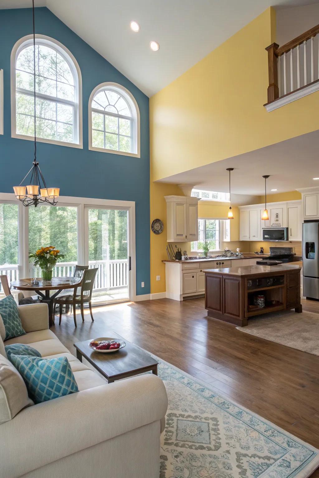 Harmonizing colors effortlessly bridge the divide between the culinary space and the sitting room.