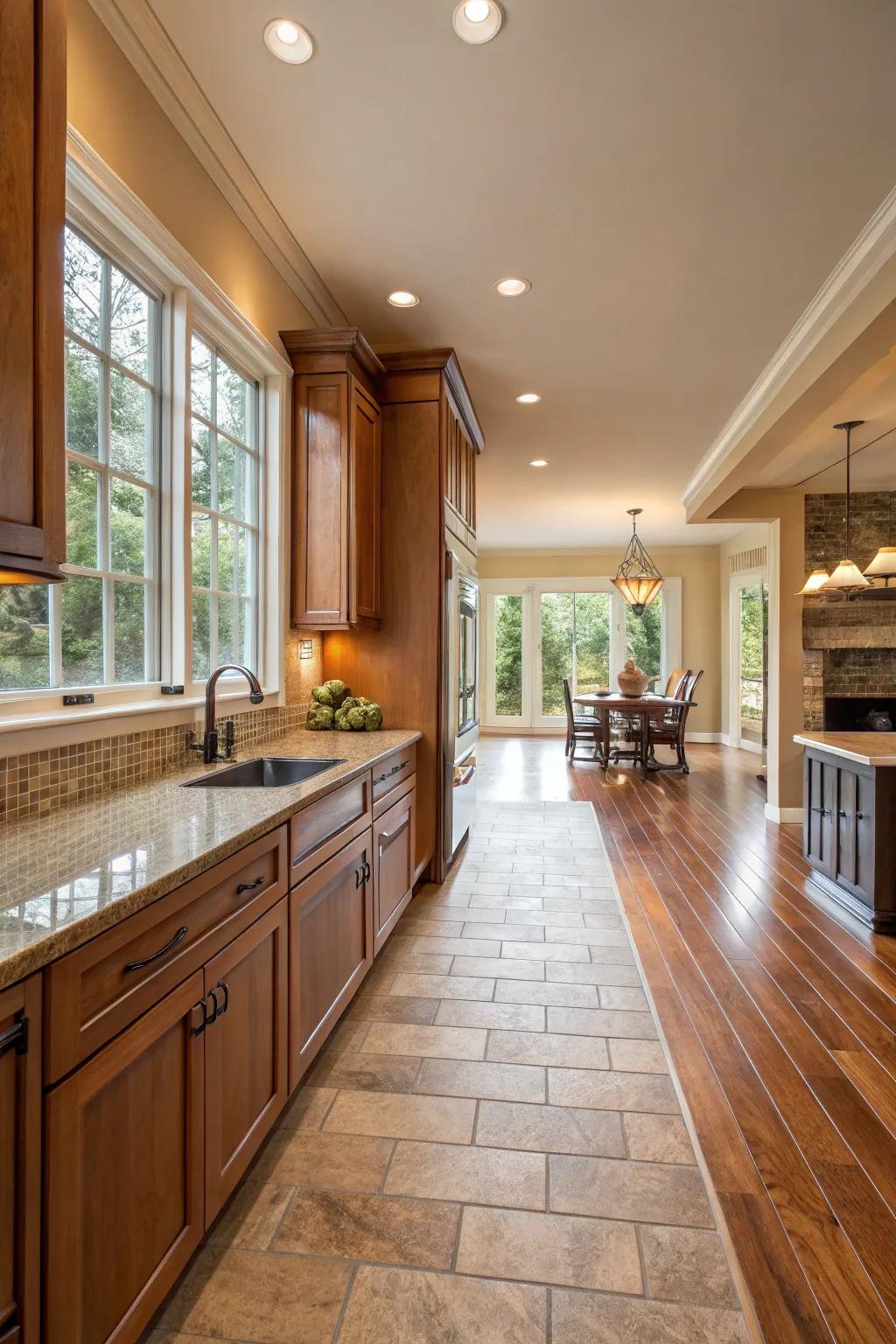 Enjoy a seamless journey with transitions from timber to tile.