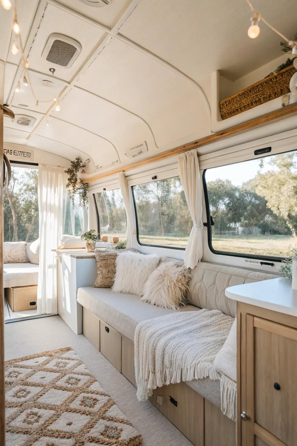 Inside a travel trailer with large windows and light decor, creating a bright, roomy vibe.