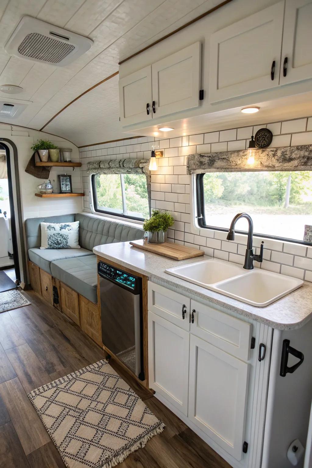 Classic white brick-style tiles give your RV kitchen a clean and timeless appearance.