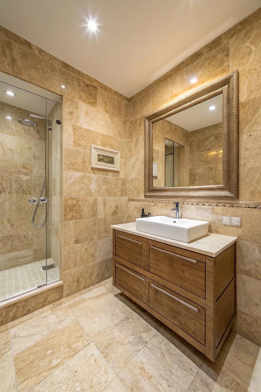 A bathroom where travertine tiles grace every surface, creating an ambiance of cohesion and luxury.