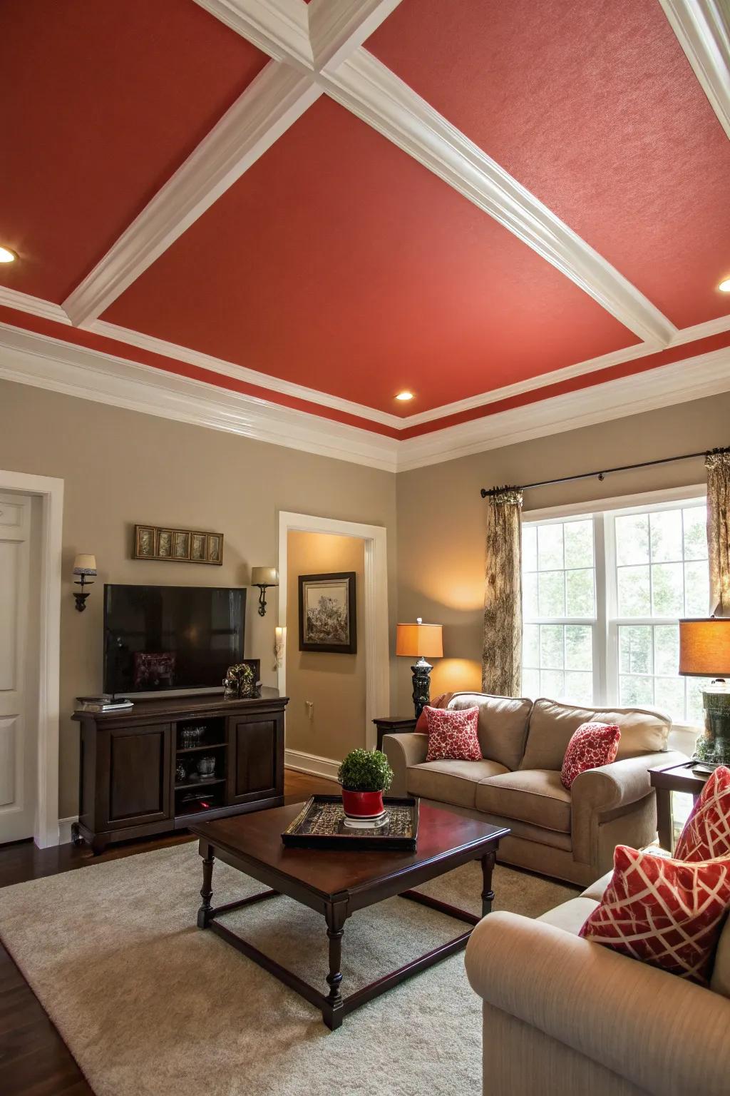 A living room where a tray ceiling, painted in a bold color, offers a striking contrast.