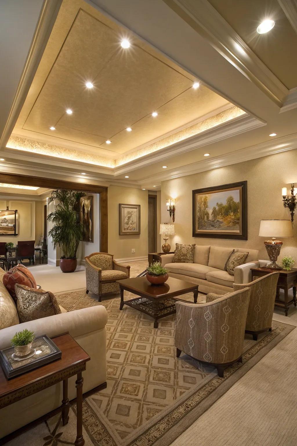 A sophisticated living space featuring a tray ceiling with inset lighting.