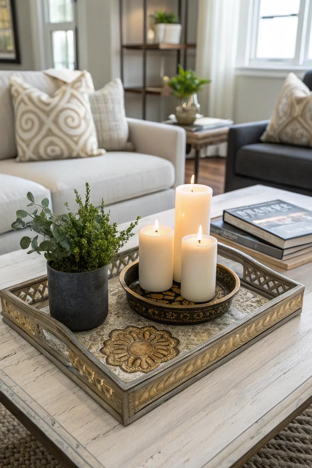 A contemporary living area featuring a chic coffee table focal point.