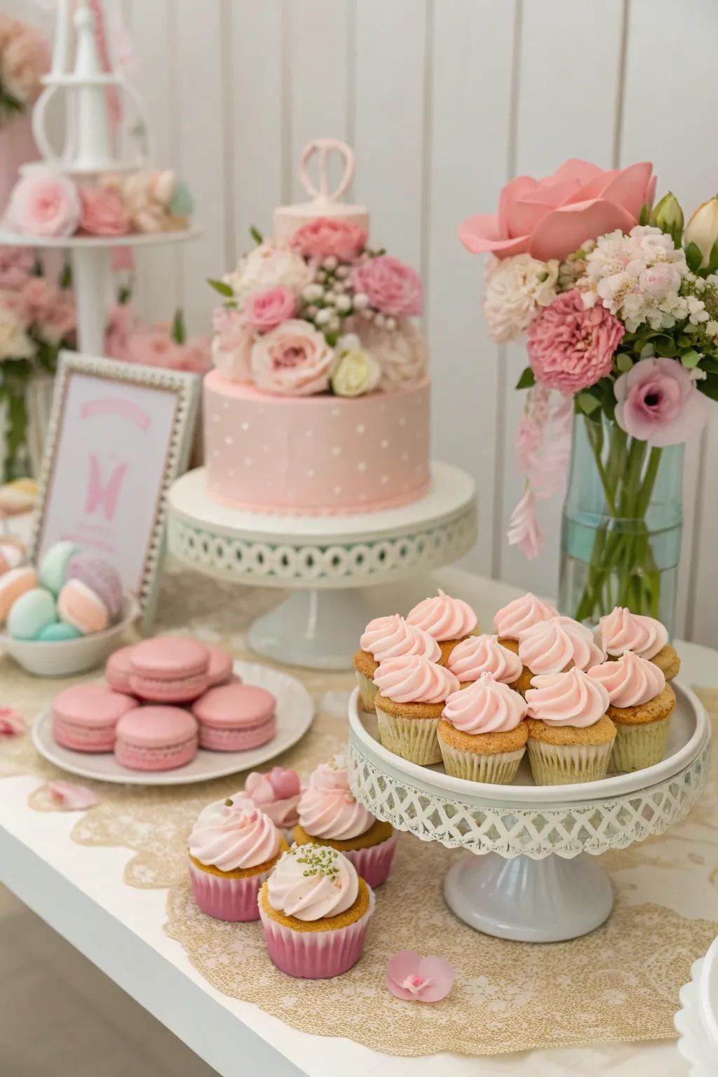 A pastel-inspired treat table featuring sweets and decorations that perfectly match.
