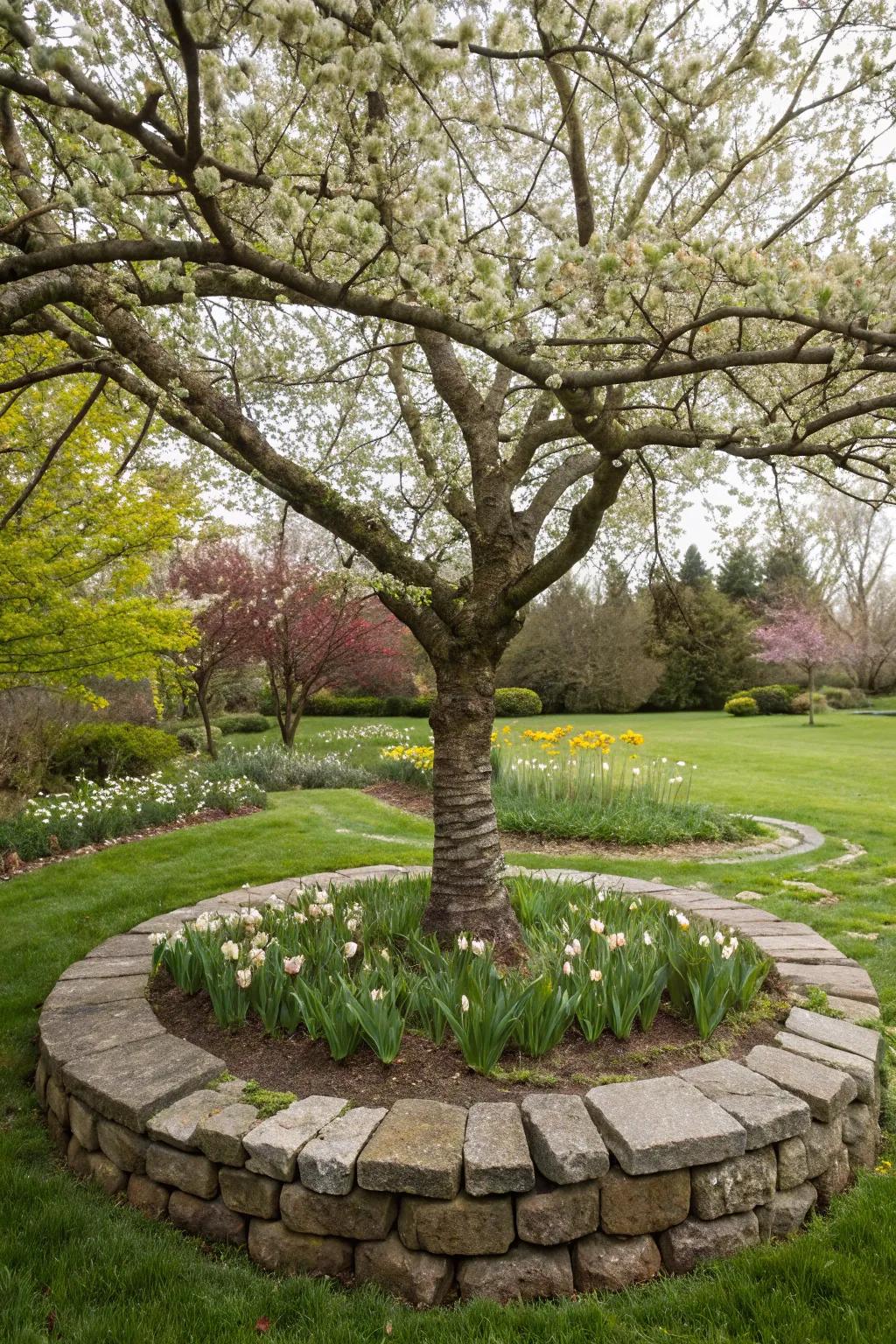 Stone bordering introduces structure and sophistication to your tree's base.