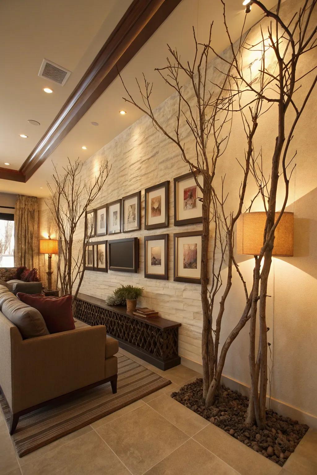 Branches serve as original borders for wall-mounted art pieces.