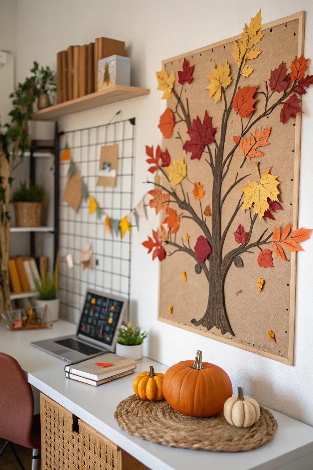 An autumn-styled tree notice board featuring vibrant leaves and gourds.
