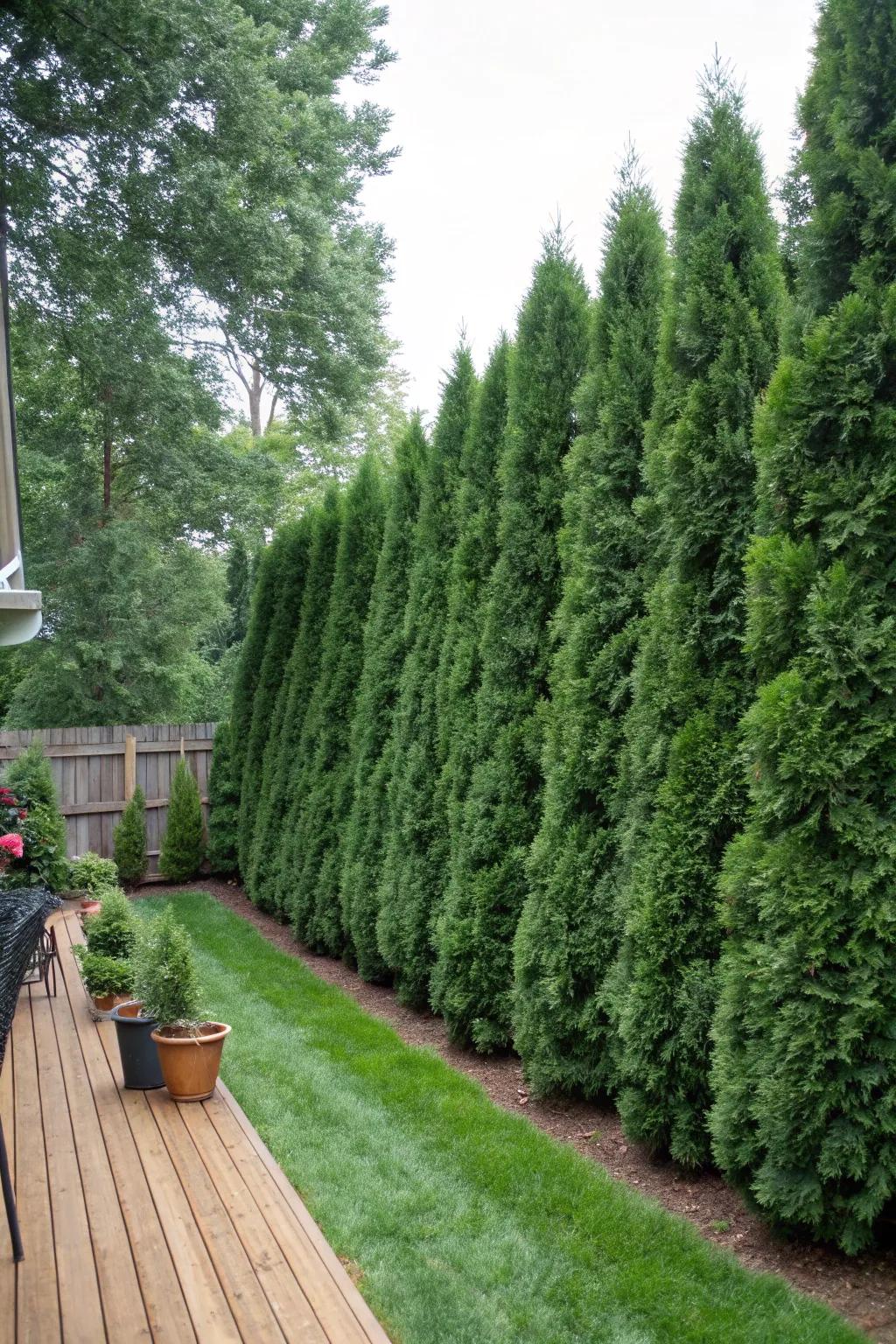 A verdant wall of Thuja provides excellent privacy.