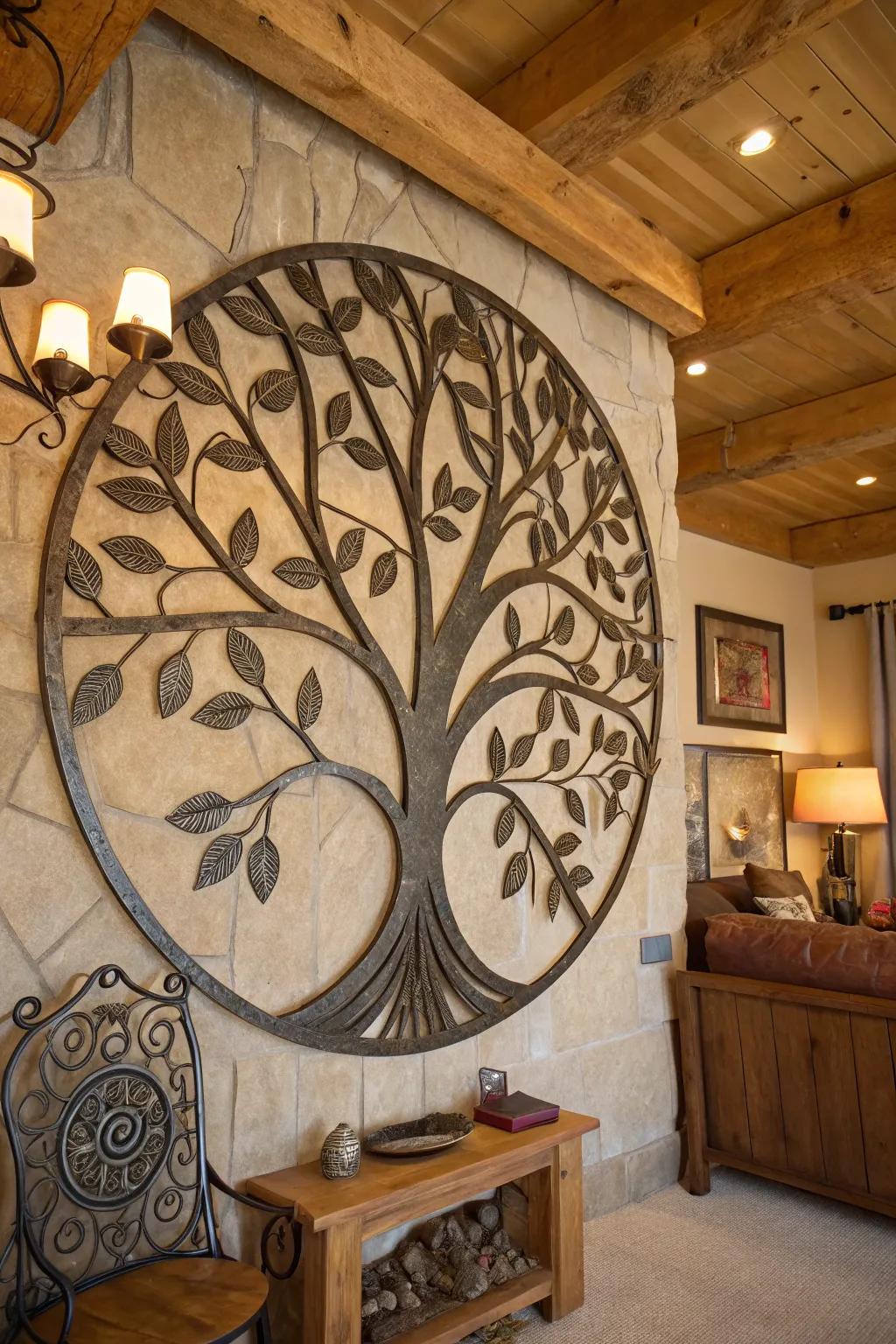 An exquisitely detailed metal Arbor Vitae enhances the charm of a serene living space.