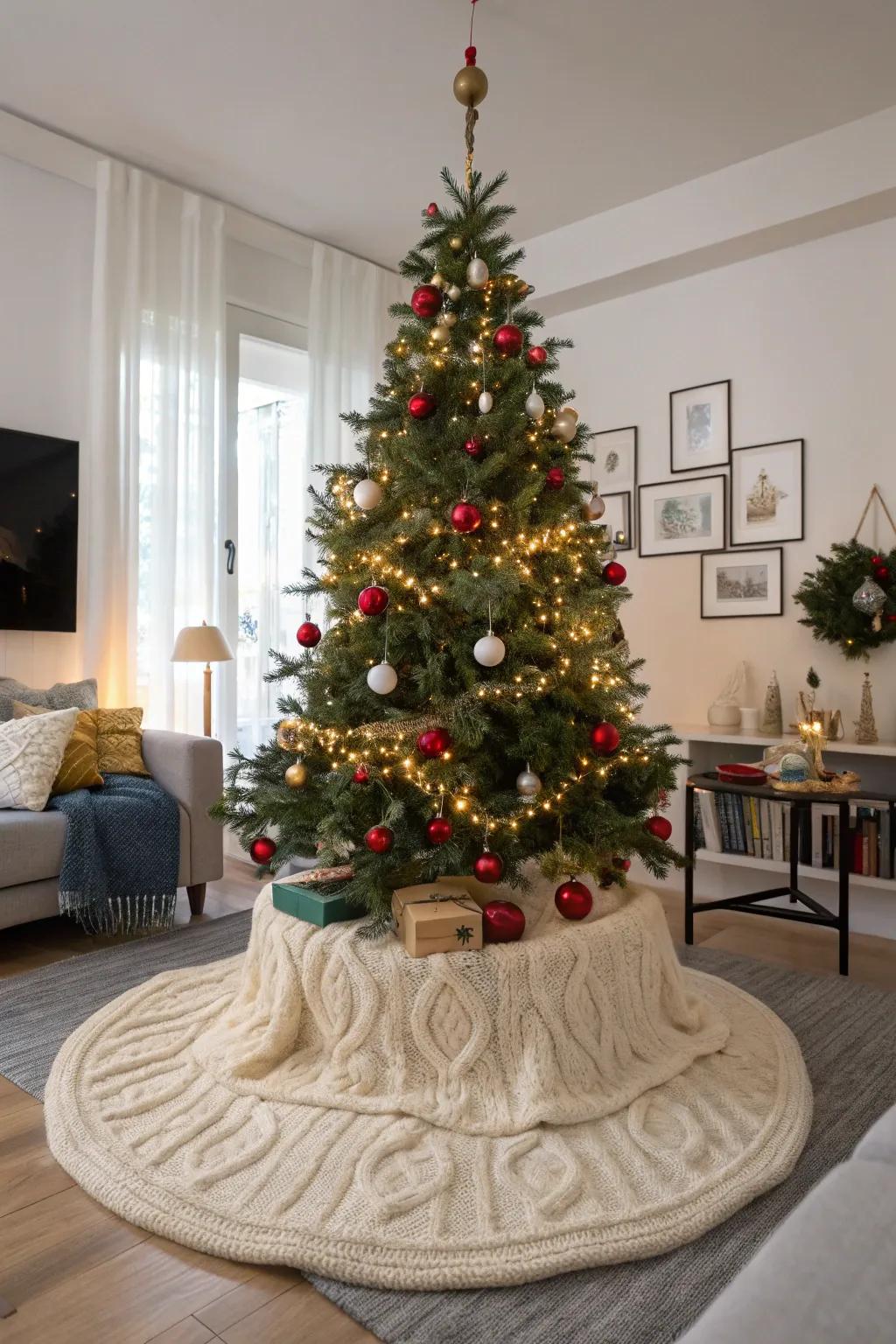 A knitted tree skirt brings a warm, handcrafted detail to your decorations.