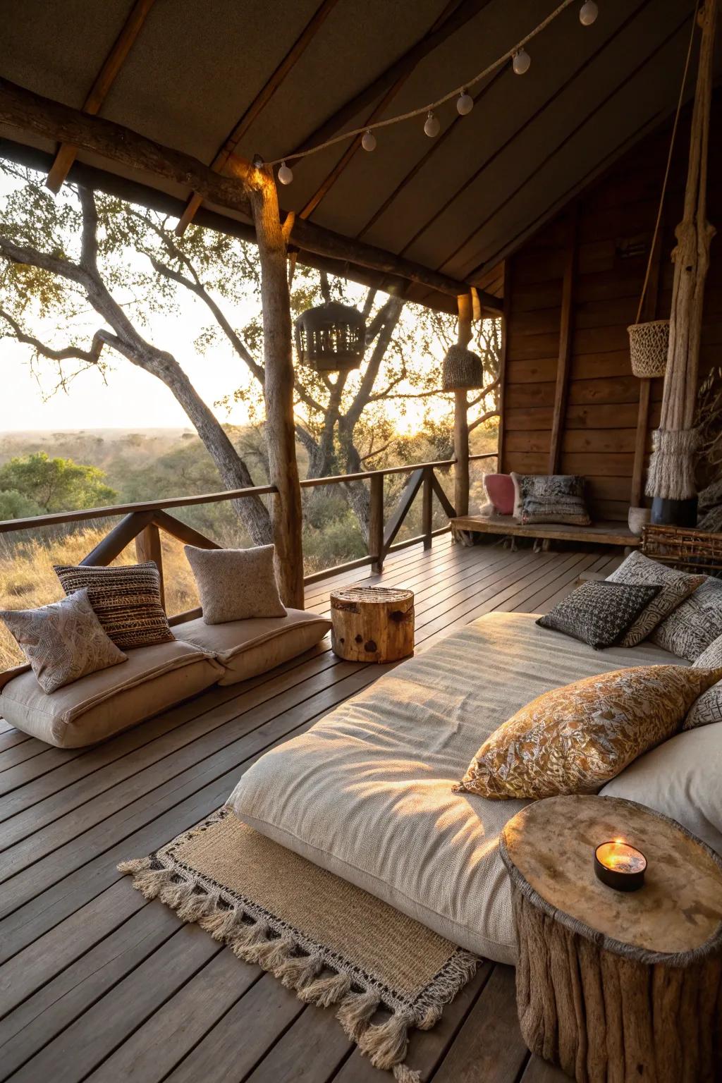 A comfortable seating spot inside a treehouse, featuring soft cushions and colorful pillows for supreme comfort.