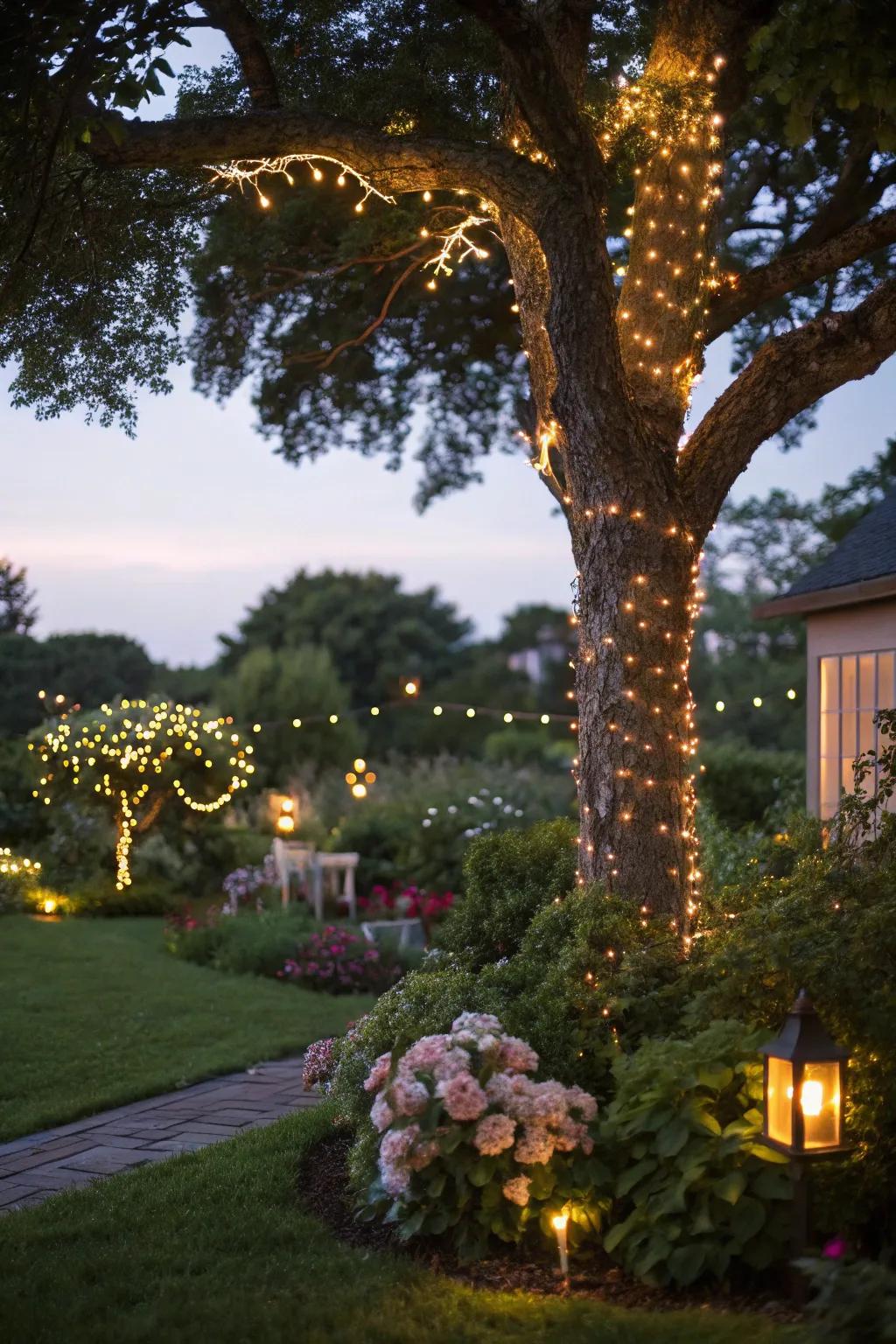 A tree beautifully wrapped with miniature lights, creating a charming garden haven.