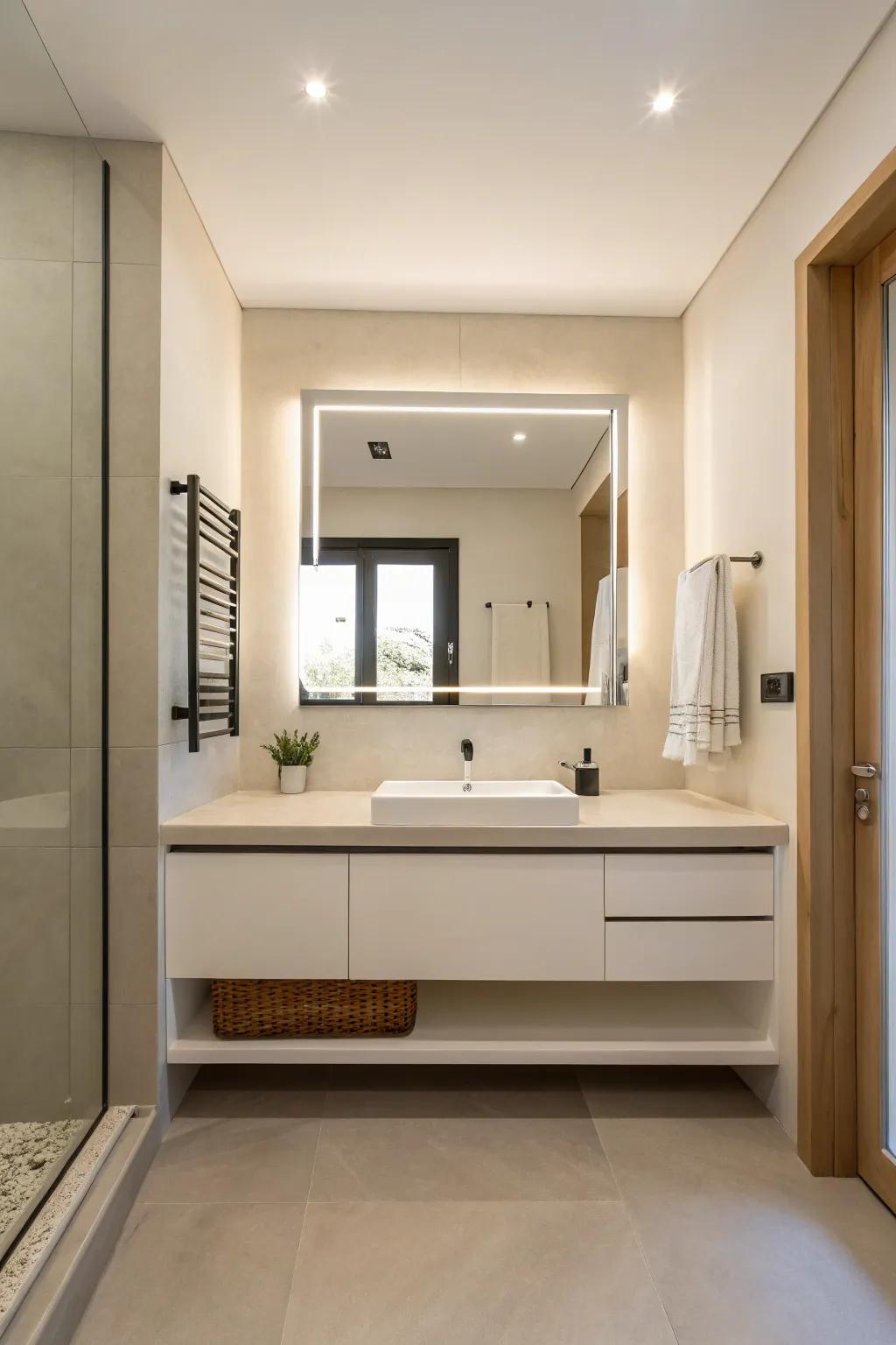 A minimalist bathroom showcases a wall-mounted vanity for a streamlined, modern appearance.