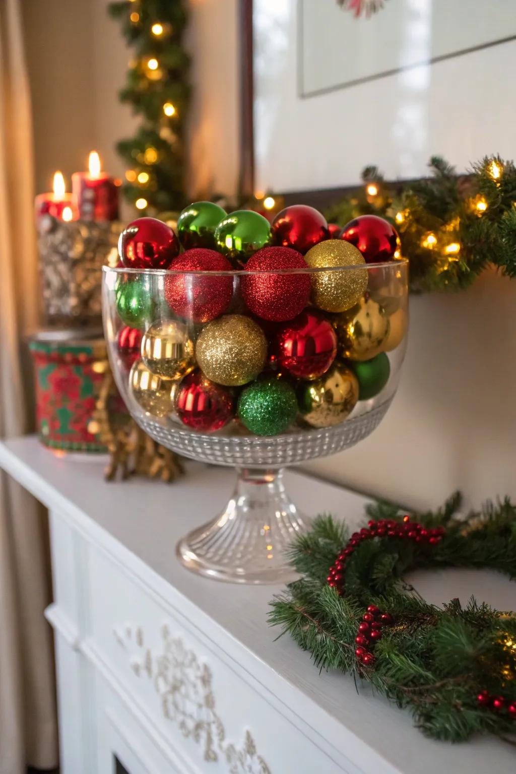 A presentation bowl bursting with Christmas cheer thanks to vivid ornaments.