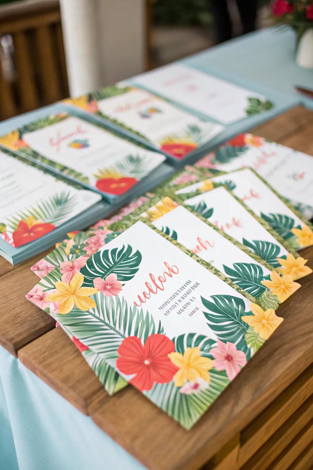 Establish the atmosphere with vibrant tropical invitations.