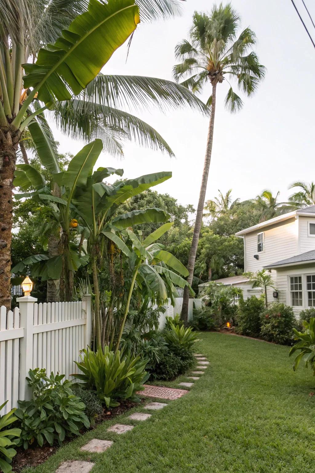Thick greenery featuring banana and palm trees lays the foundation for a vibrant landscape.
