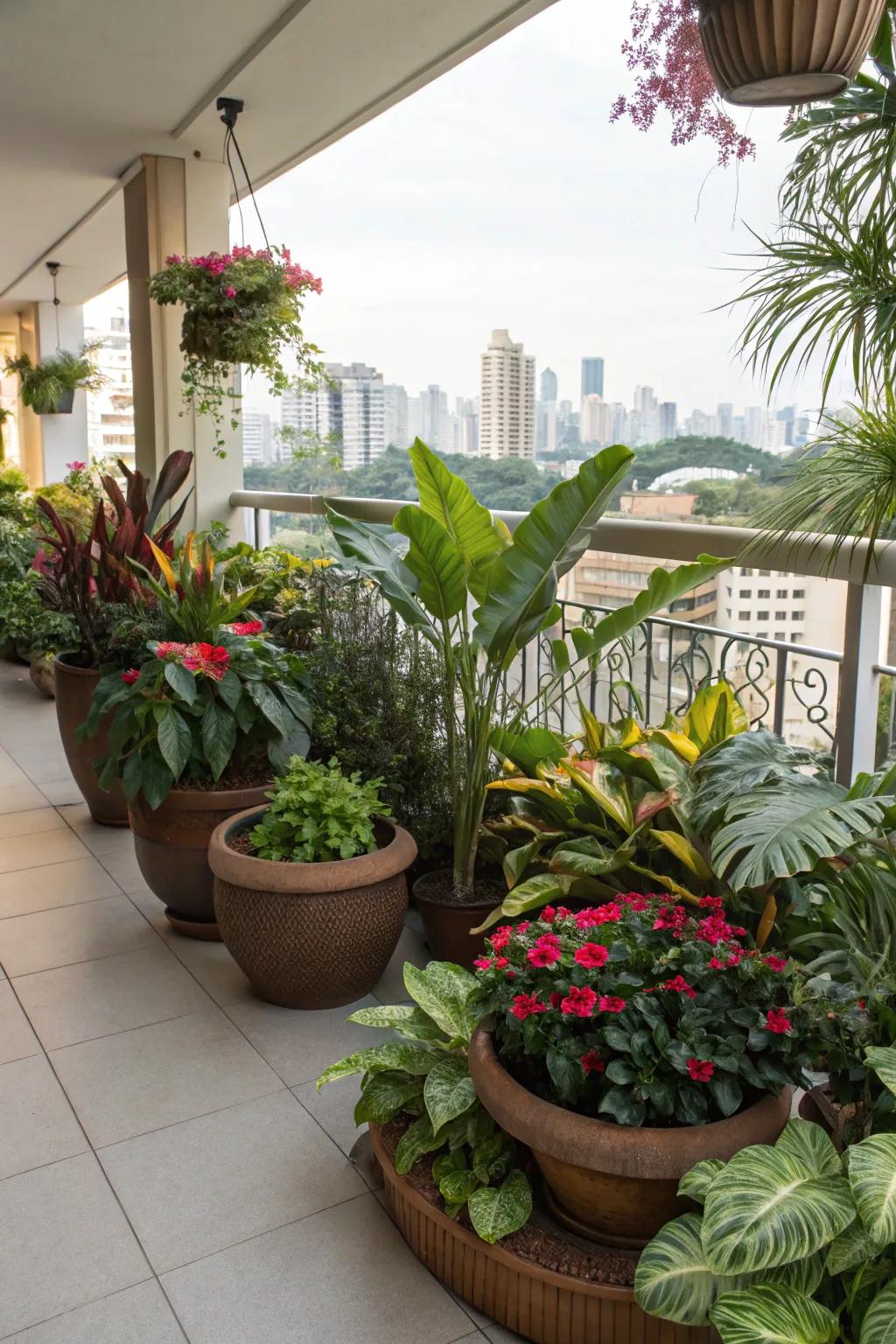 Evoke a jungle atmosphere with a mixture of grand and petite tropical plants.