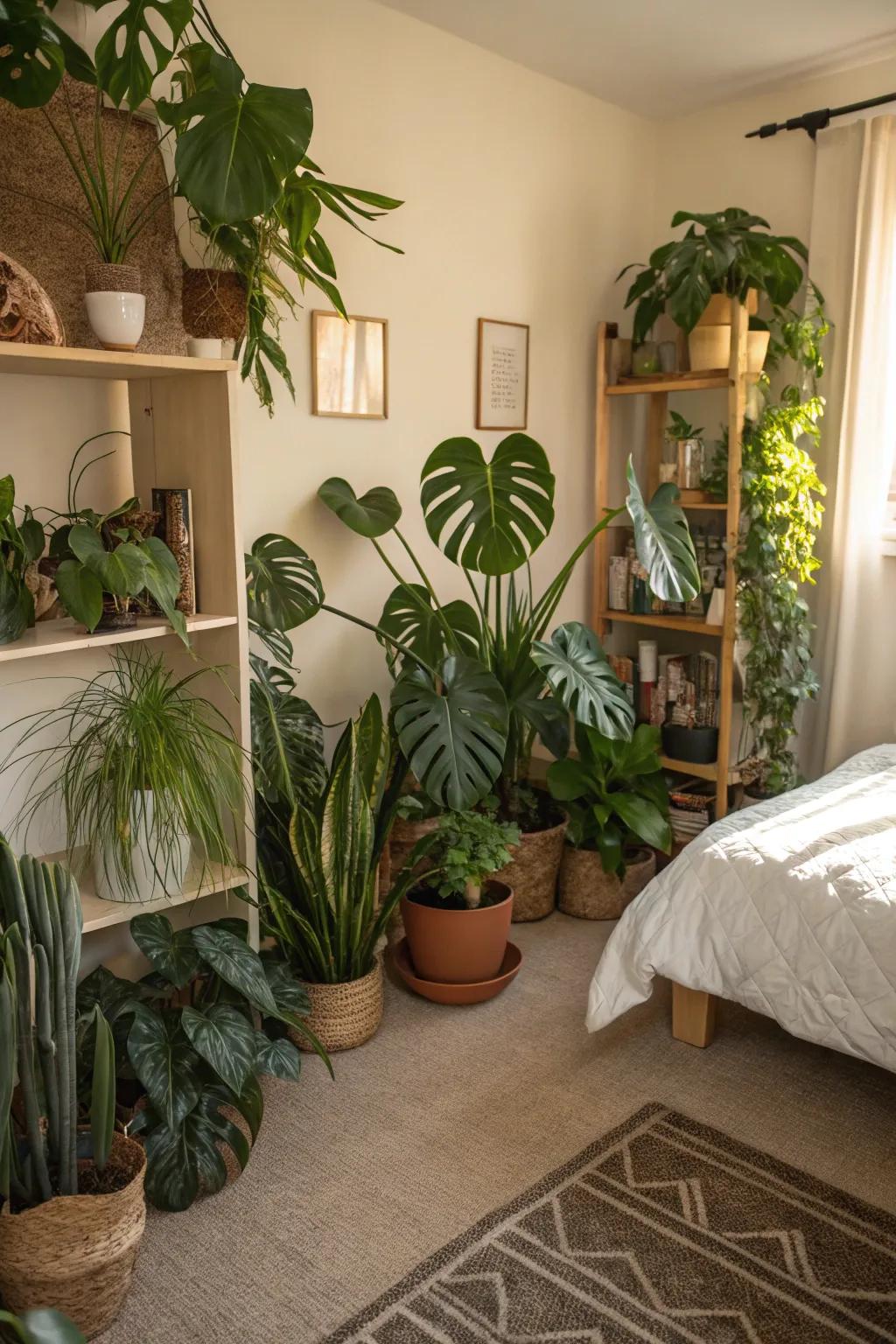 Abundant tropical plants breathe life into your bedroom, fostering a vibrant and fresh atmosphere.