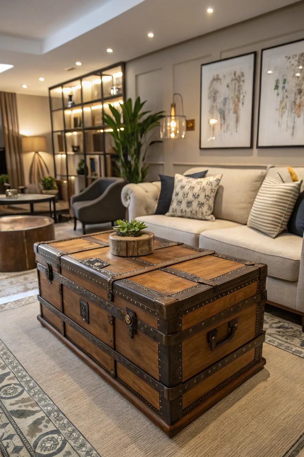 An antique trunk serving as a refined coffee table, imbuing the living area with character.