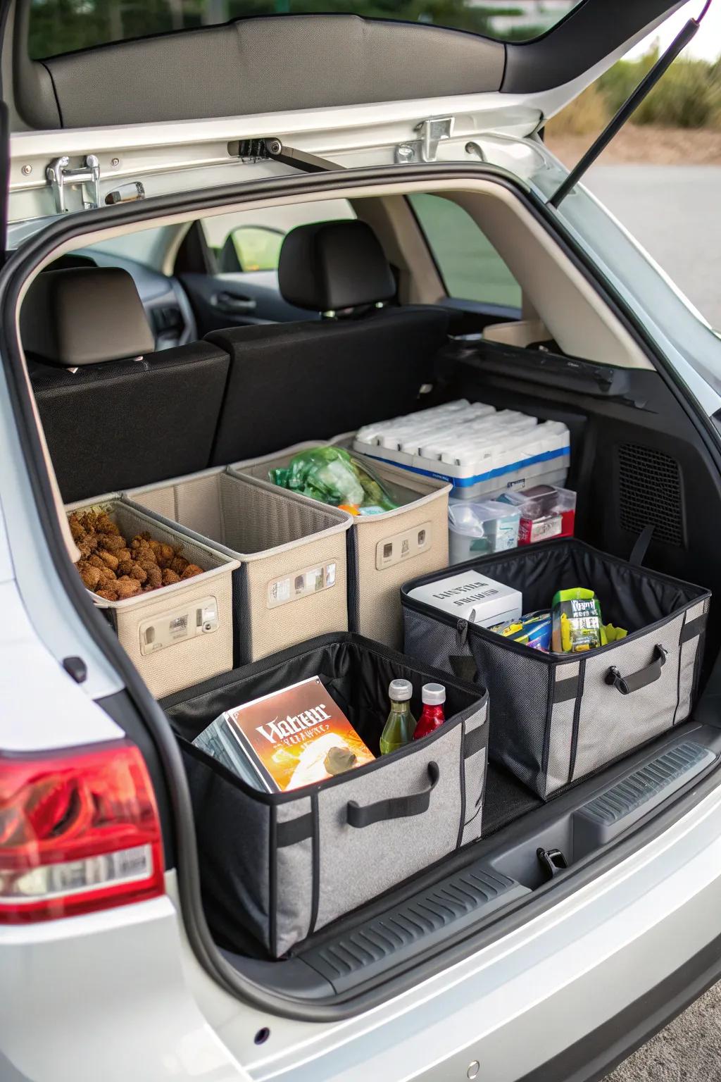 Folding containers making the most of trunk space, keeping shopping and supplies organized.