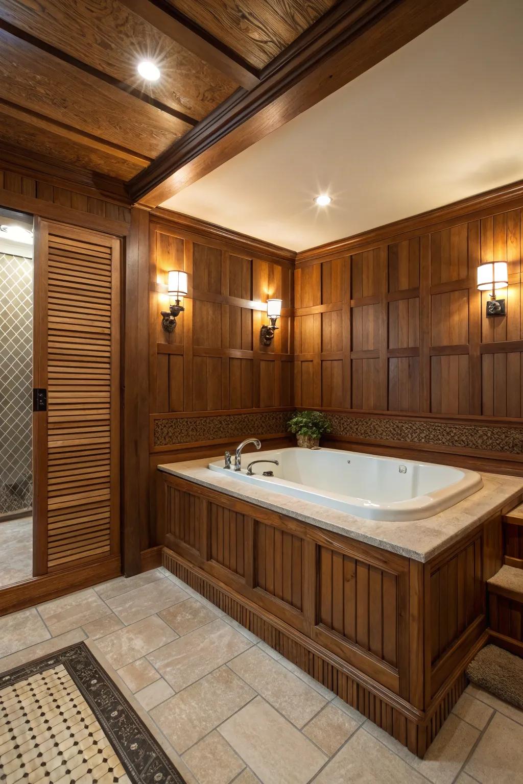 A tub surround featuring natural wood elements, radiating warmth and comfort.