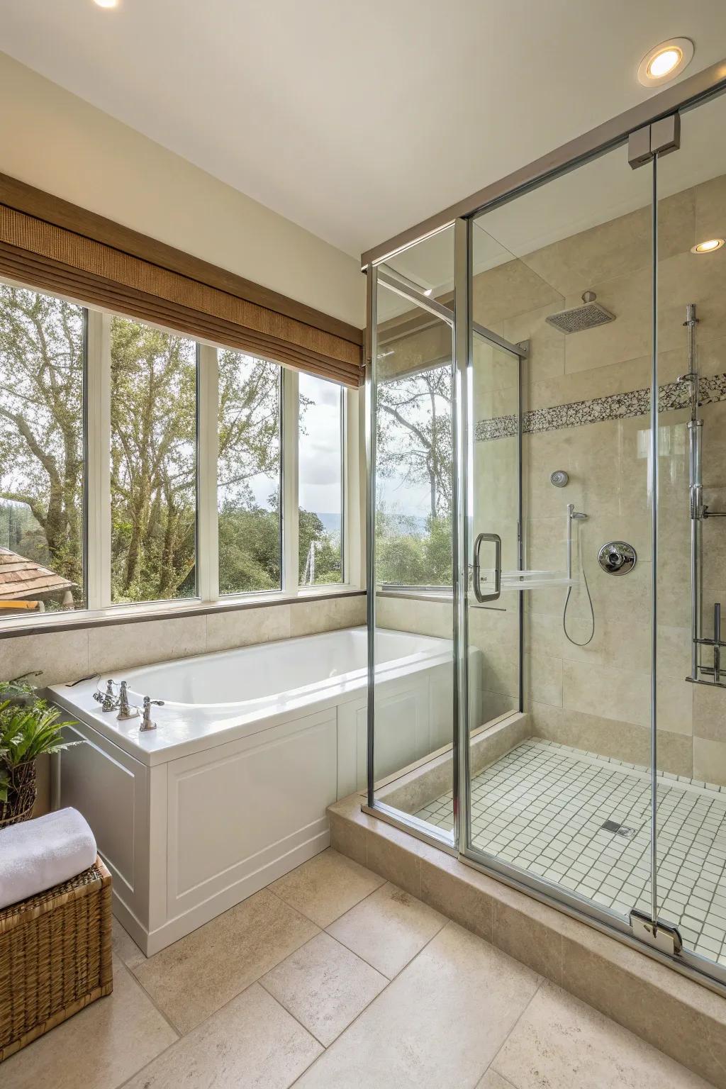 See-through glass surrounds give a roomy impression to this combined tub and shower.