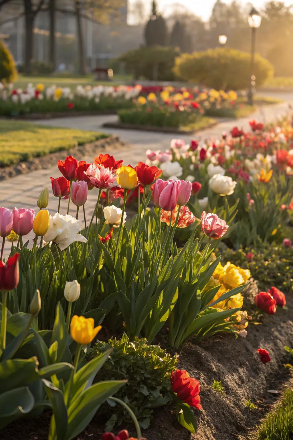 A vibrant tulip patch showcasing a variety of colors, enhancing the garden with charm and energy.