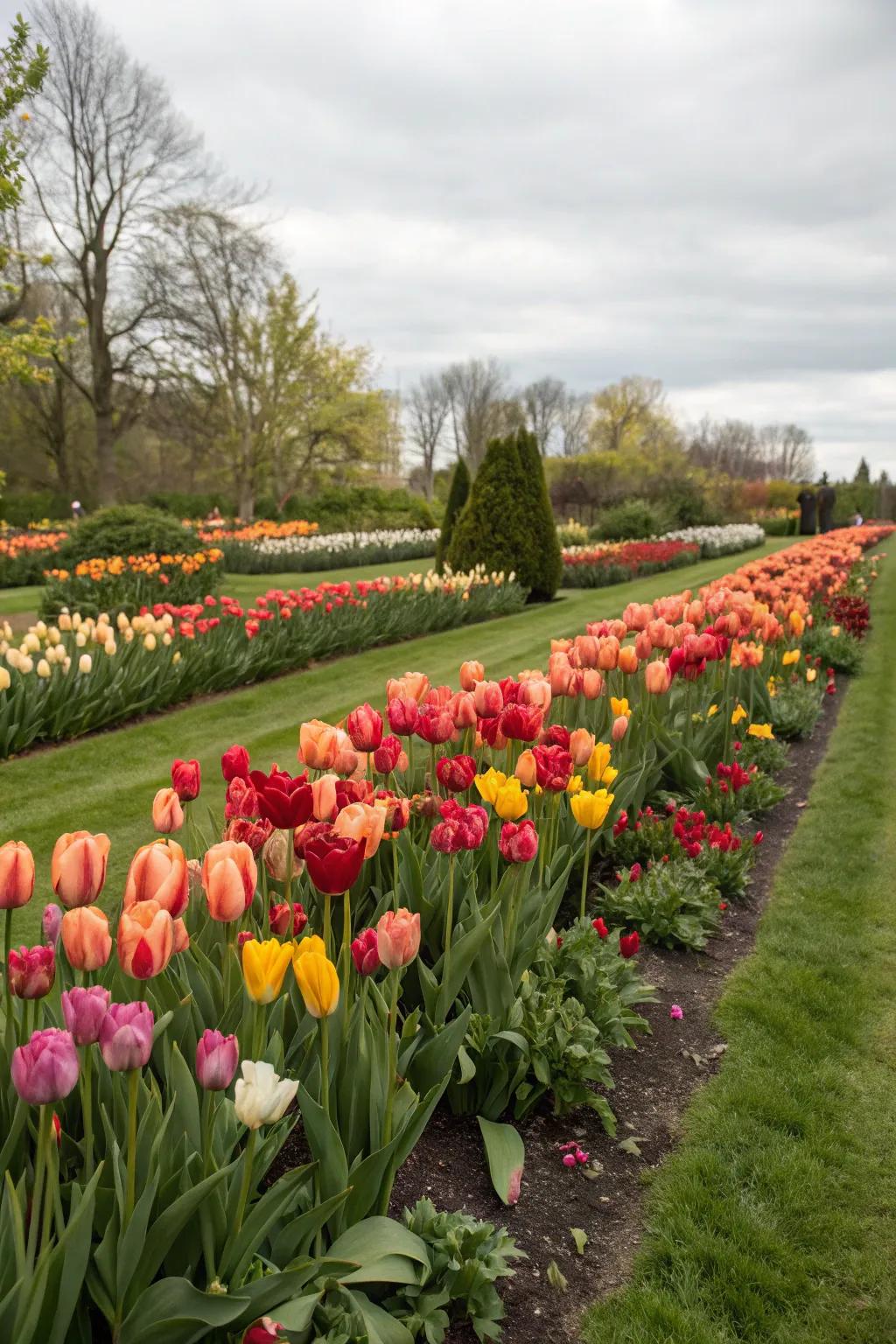 A garden patch brimming with compact groups of lively tulips in a spectrum of shades.