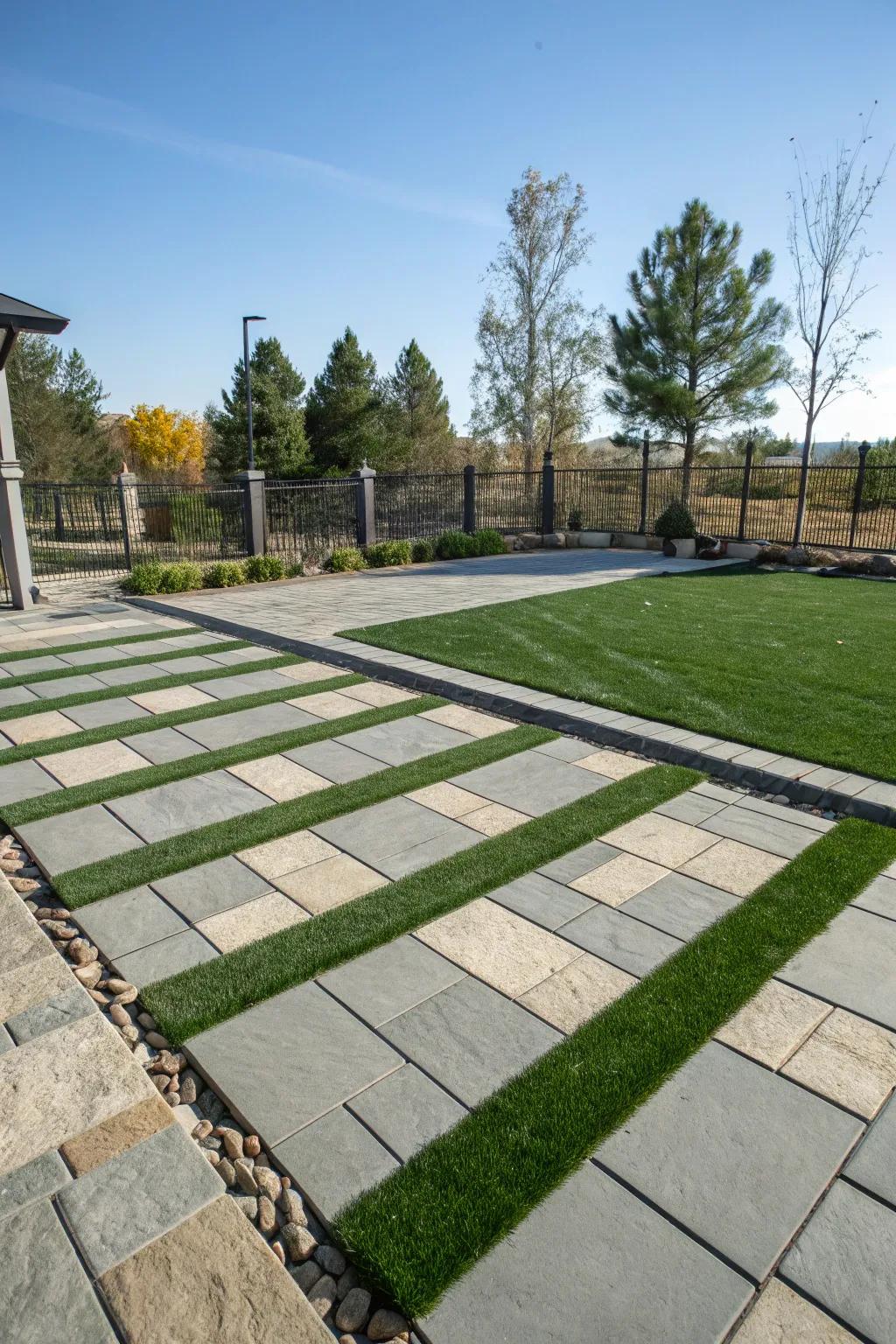 A contemporary patio showcasing a balanced arrangement of synthetic turf and stone pavers.