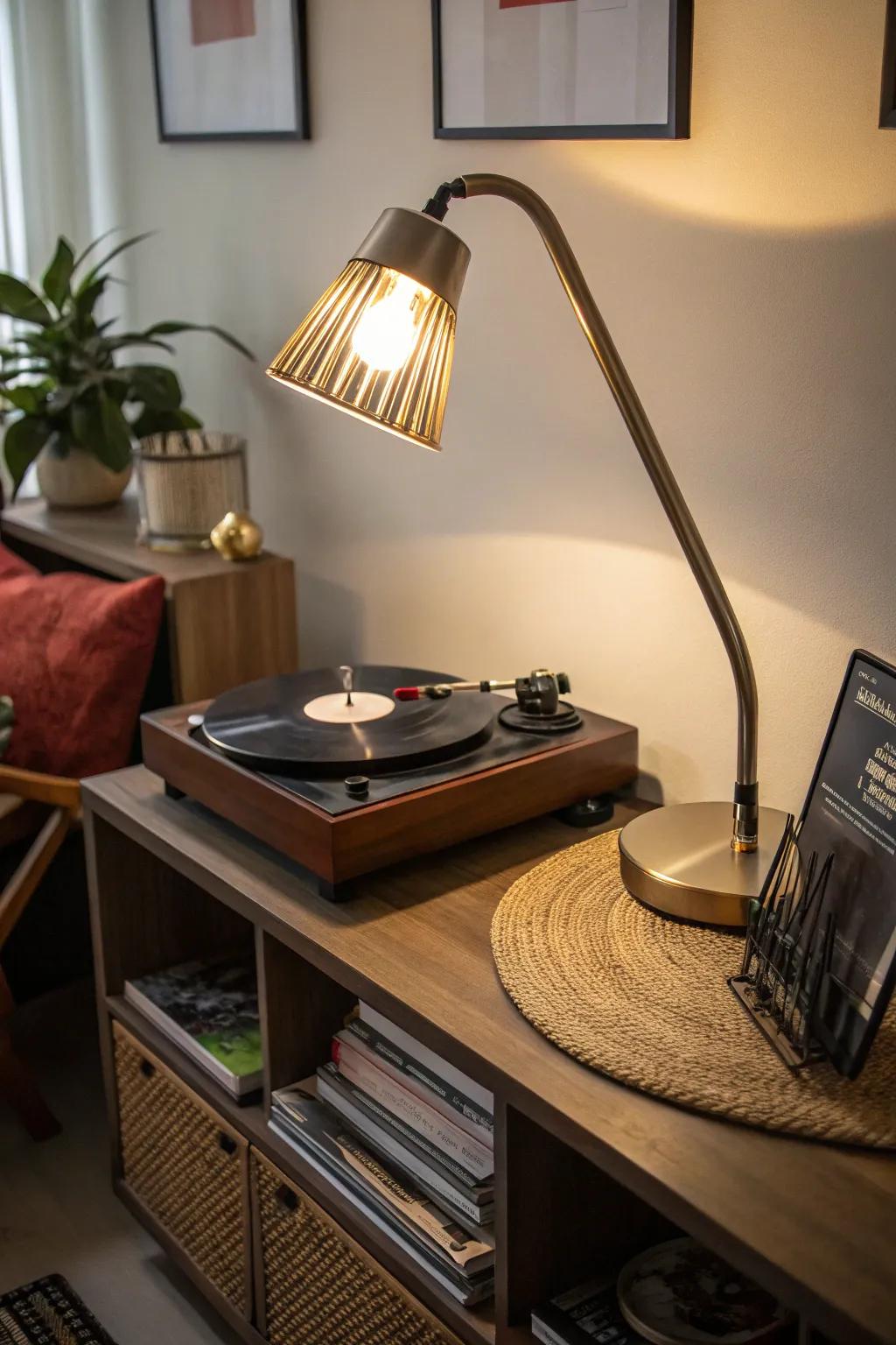 A flexible-neck lamp focusing its light on a turntable.
