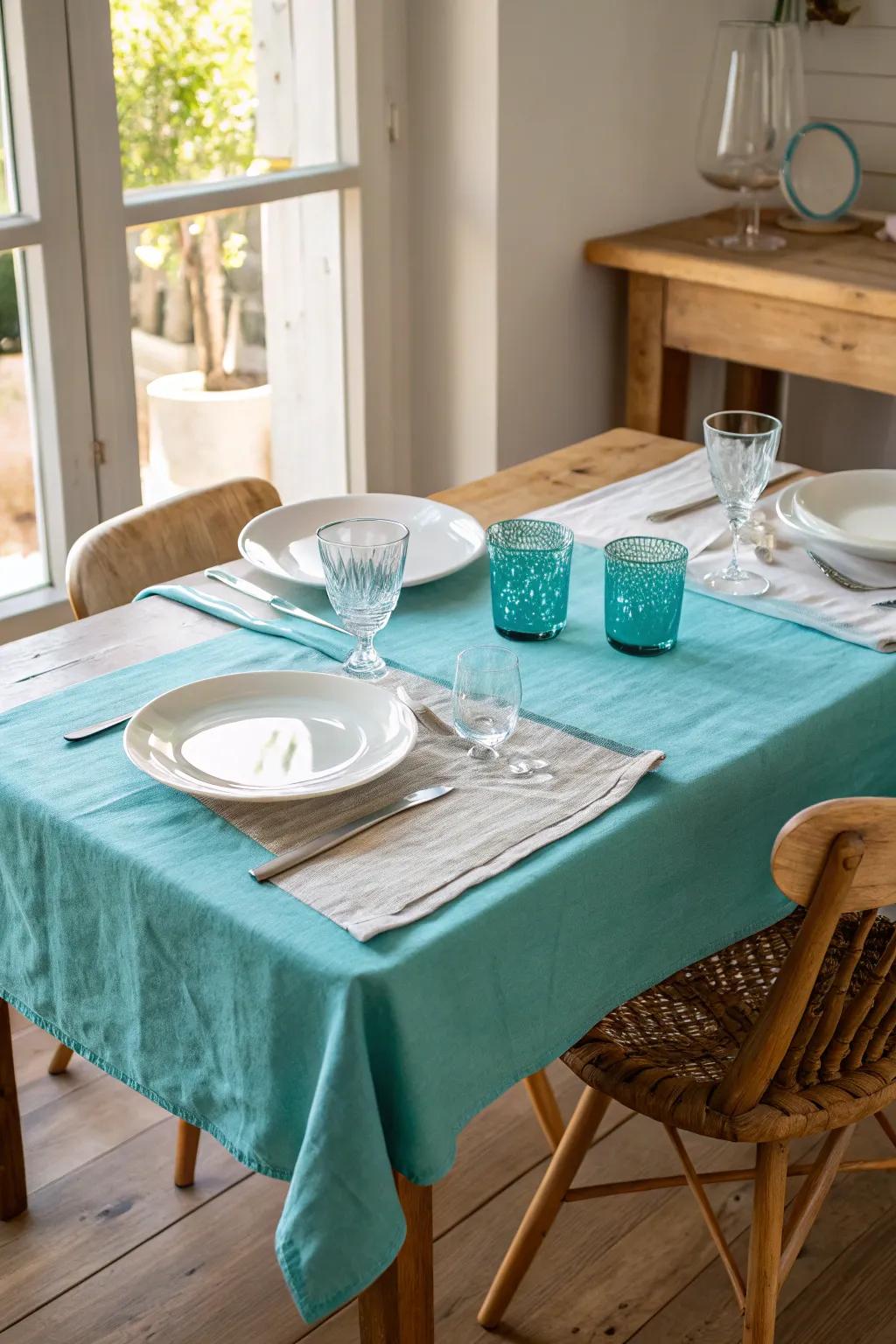 An aqua tablecloth offers a vibrant base for your table decorations.