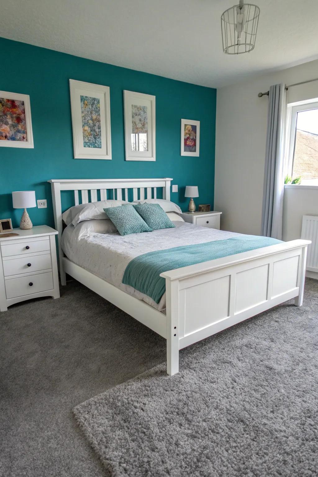 A lively seafoam accent wall combined with simple, elegant decor.