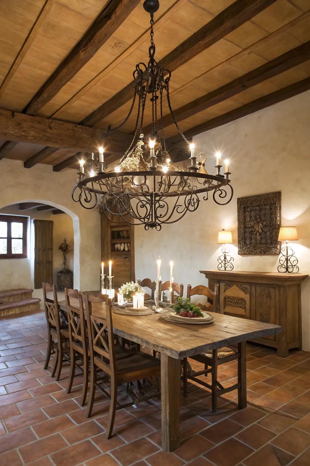Hand-forged iron luminaires add classic Tuscan charm.
