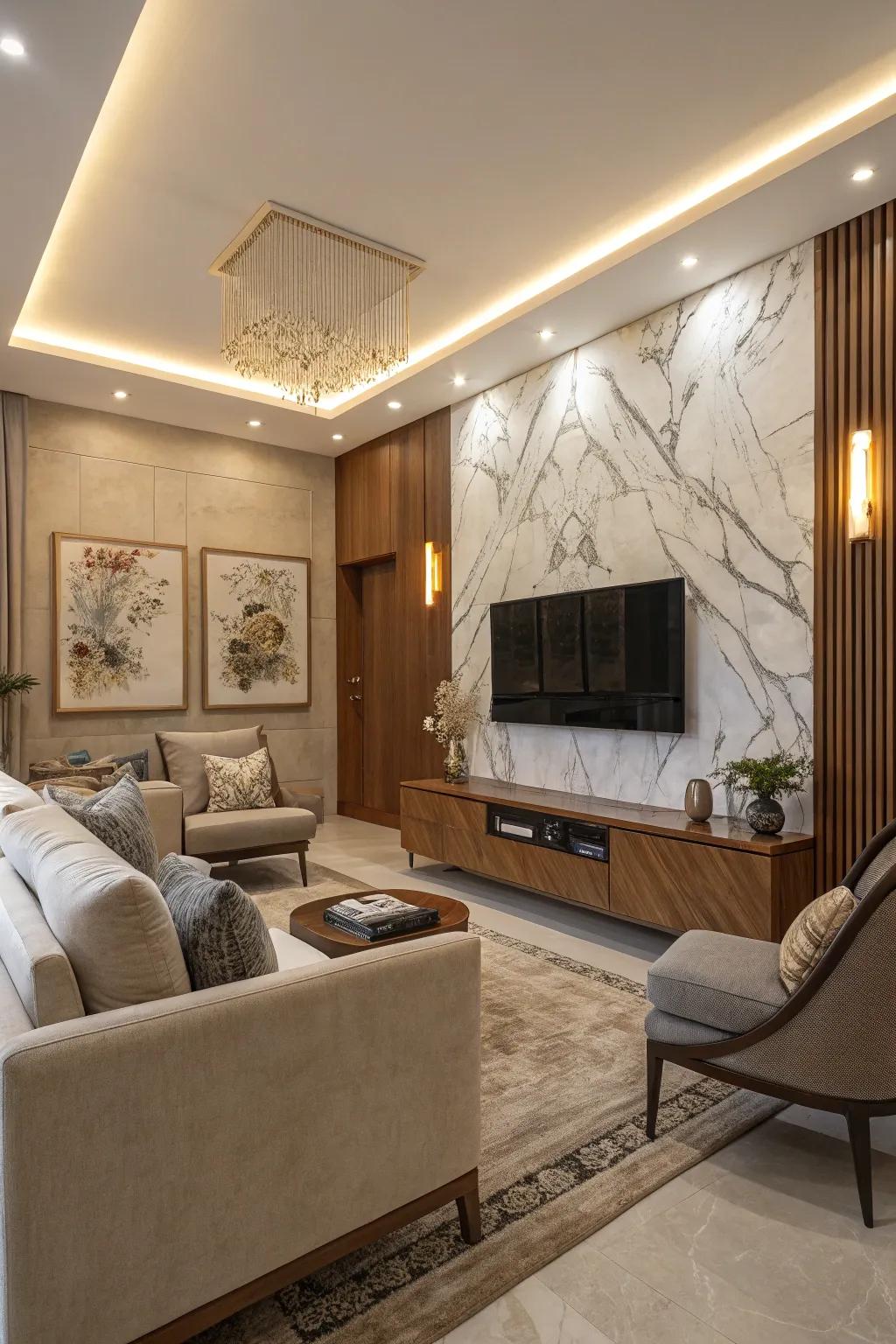 An elegant TV feature wall harmonizing faux stone and wood accent strips in a welcoming living space.