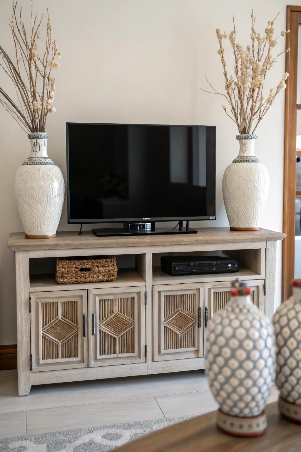 Symmetrical decor featuring matching vases on a TV stand.