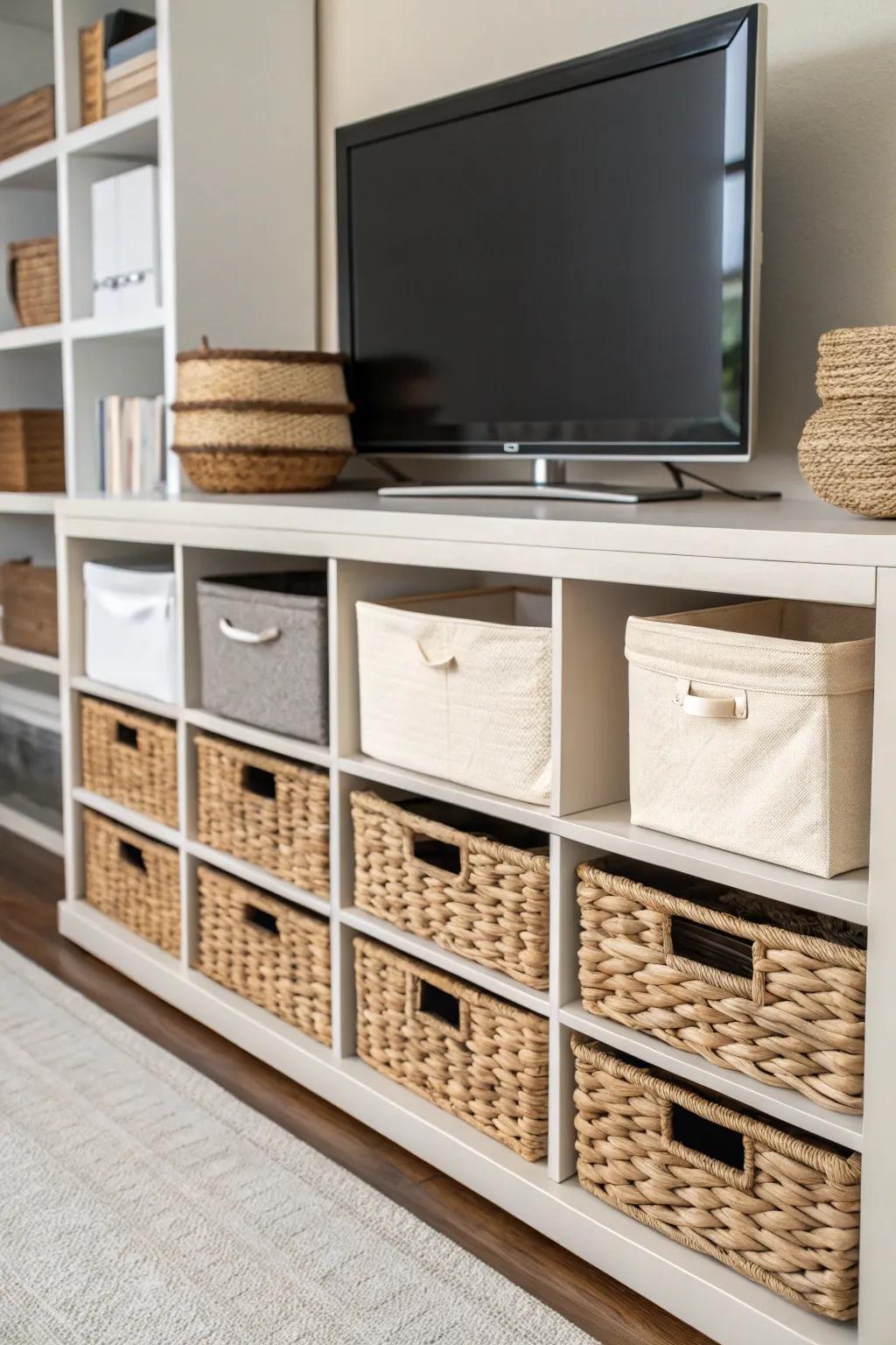 Wicker baskets and bins introduce charm and organization to your TV stand.