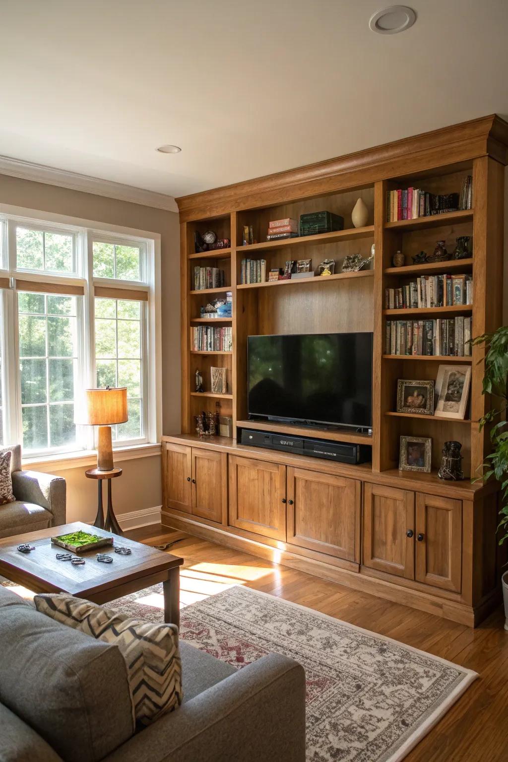 Built-in shelving enhances your TV wall with charm and utility.