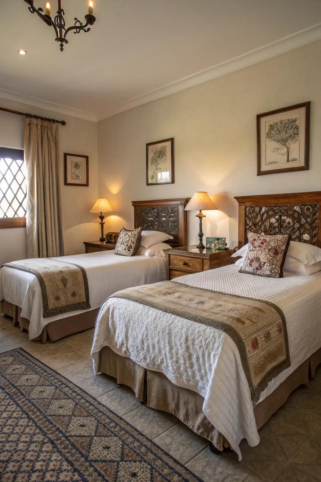 Symmetrical twin beds evoke a sense of balance and a harmonious bedroom environment.