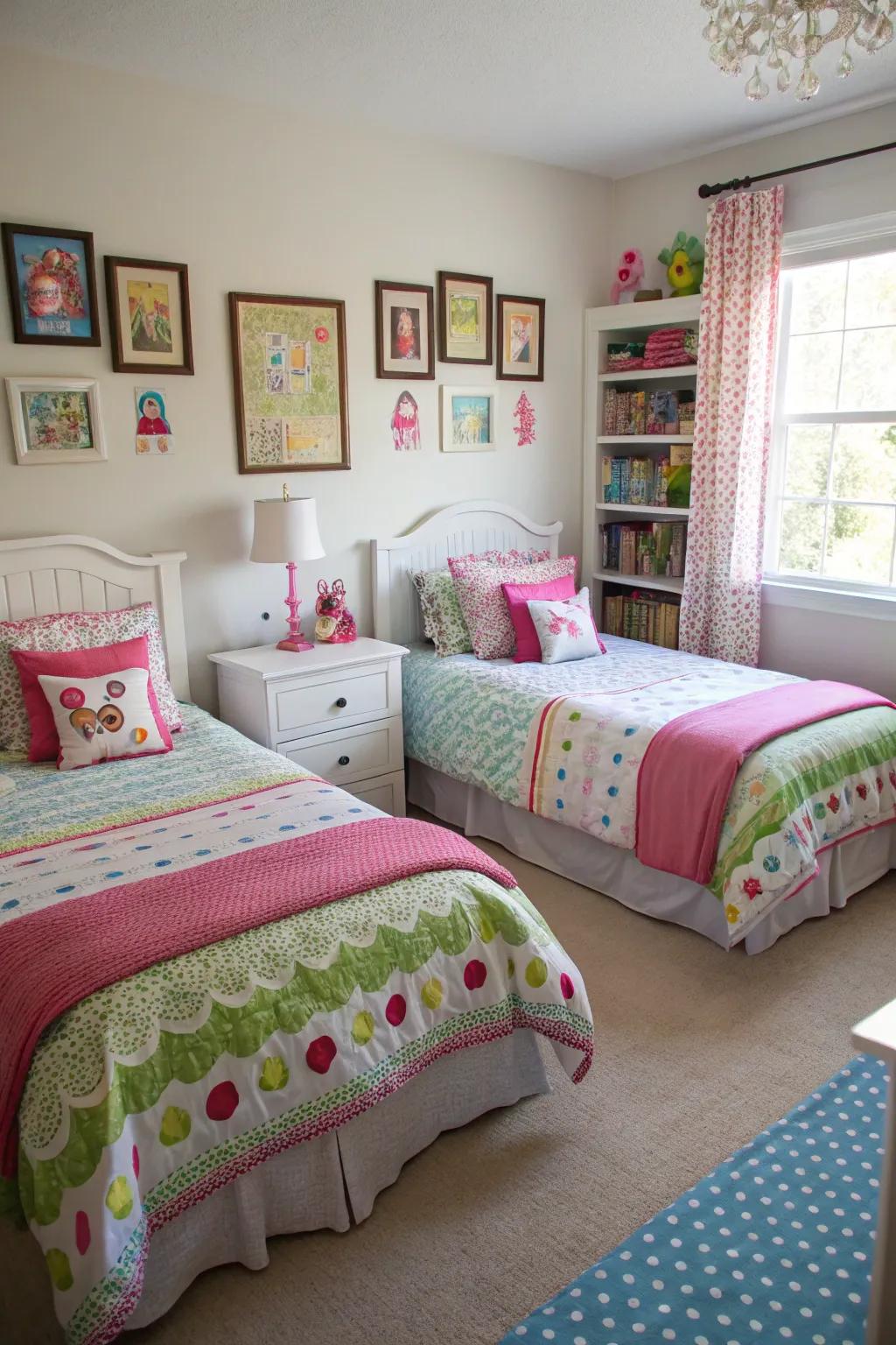 Symmetrical twin beds work wonderfully to establish a harmonious and balanced room.