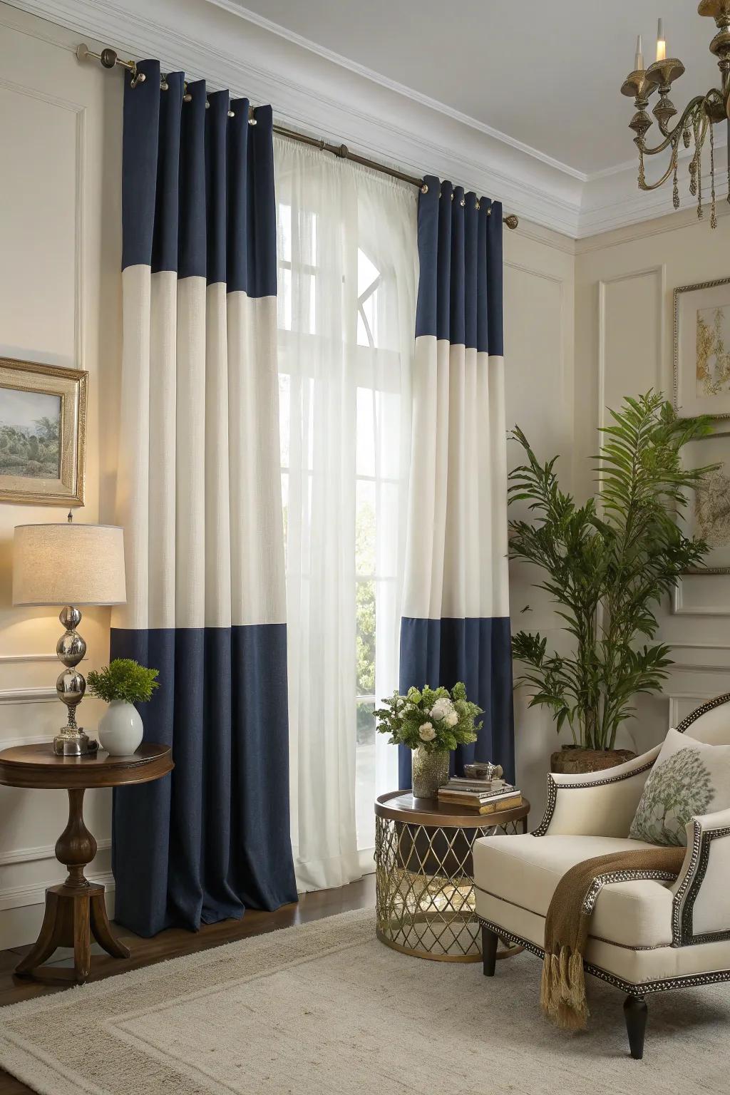 Deep blue and white curtains making a bold statement in a modern living room.