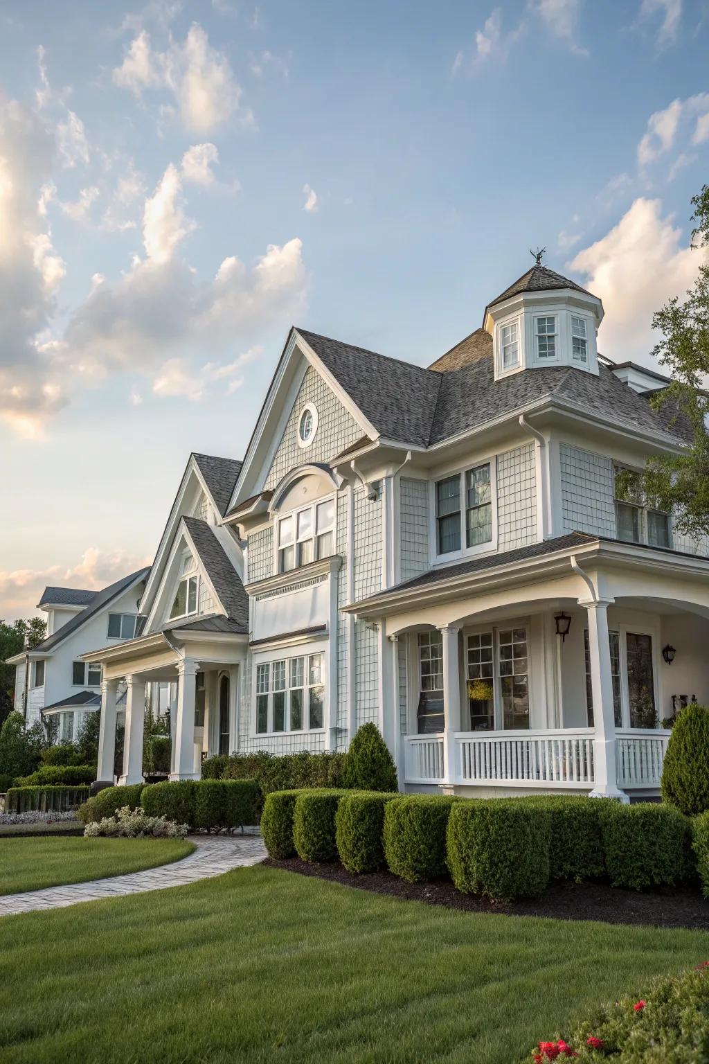 A classic combination of white and gray two-tone siding creates an elegant impression.