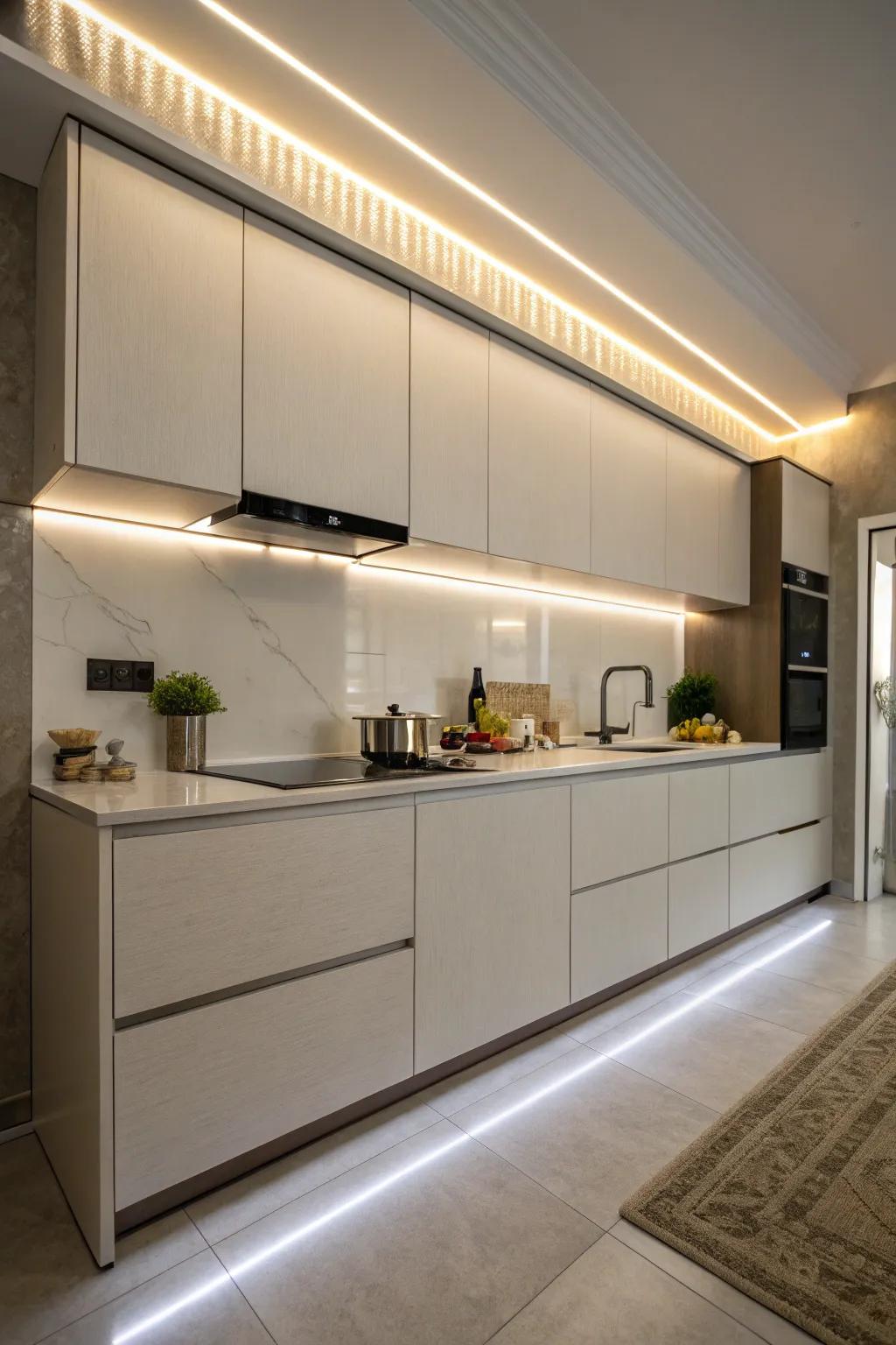 LED strip lights produce a modern, seamless effect beneath kitchen cabinets.